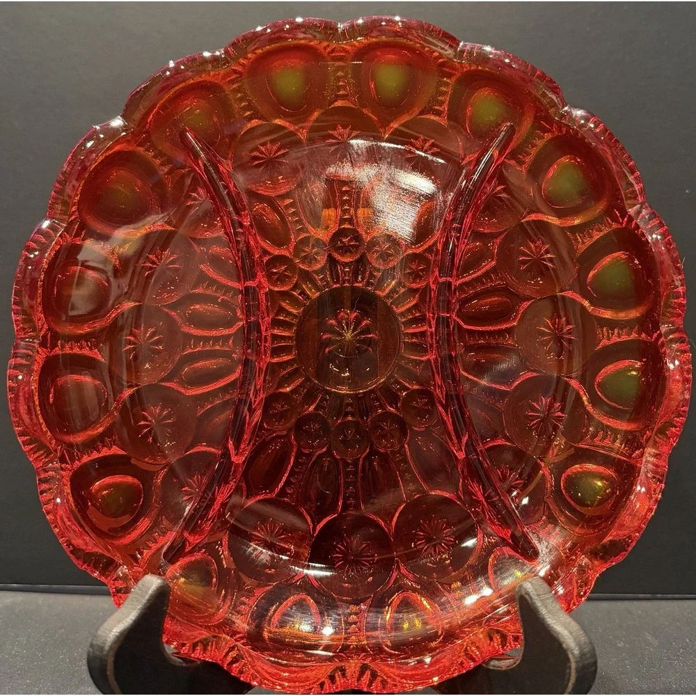 Vintage Moon and Star Amberina Glass Relish Dish 3 Part‎ Divided Server Red